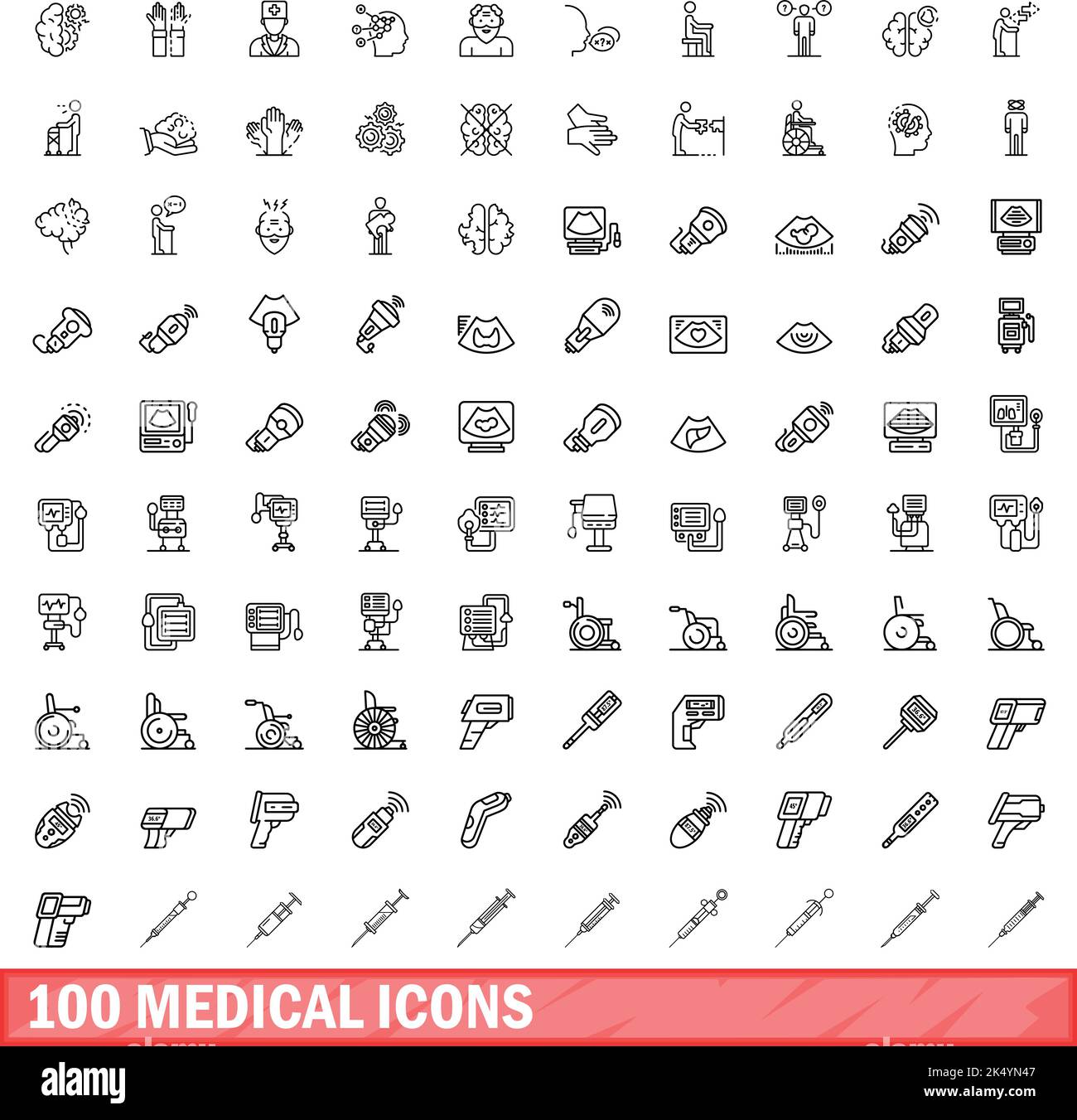 100 medizinische Symbole eingestellt. Skizzieren Sie die Darstellung von 100 medizinischen Symbolen, Vektorset isoliert auf weißem Hintergrund Stock Vektor