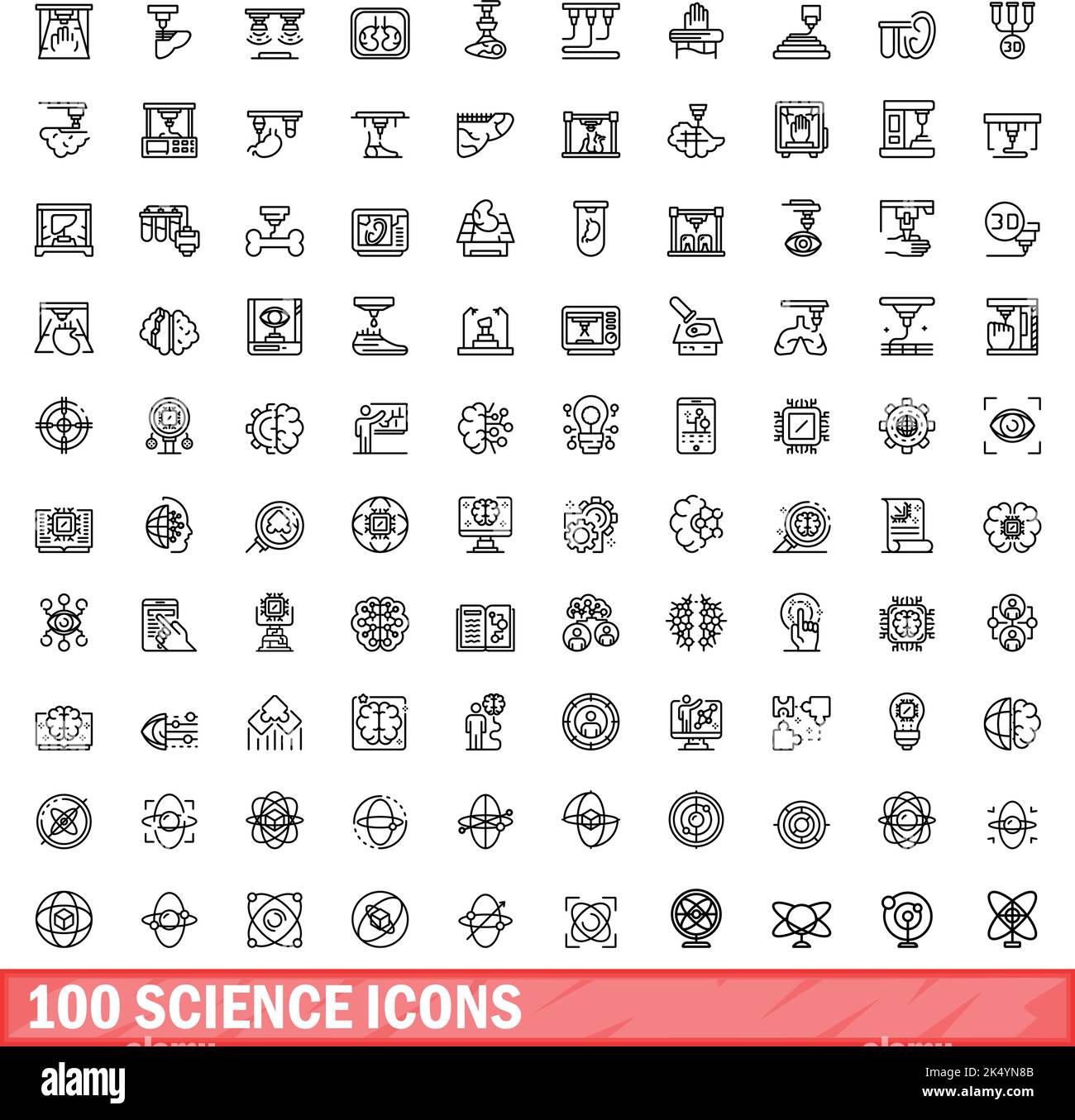 100 Wissenschaftssymbole eingestellt. Skizzieren Sie die Darstellung von 100 Wissenschaftssymbolen, die auf weißem Hintergrund isoliert sind Stock Vektor