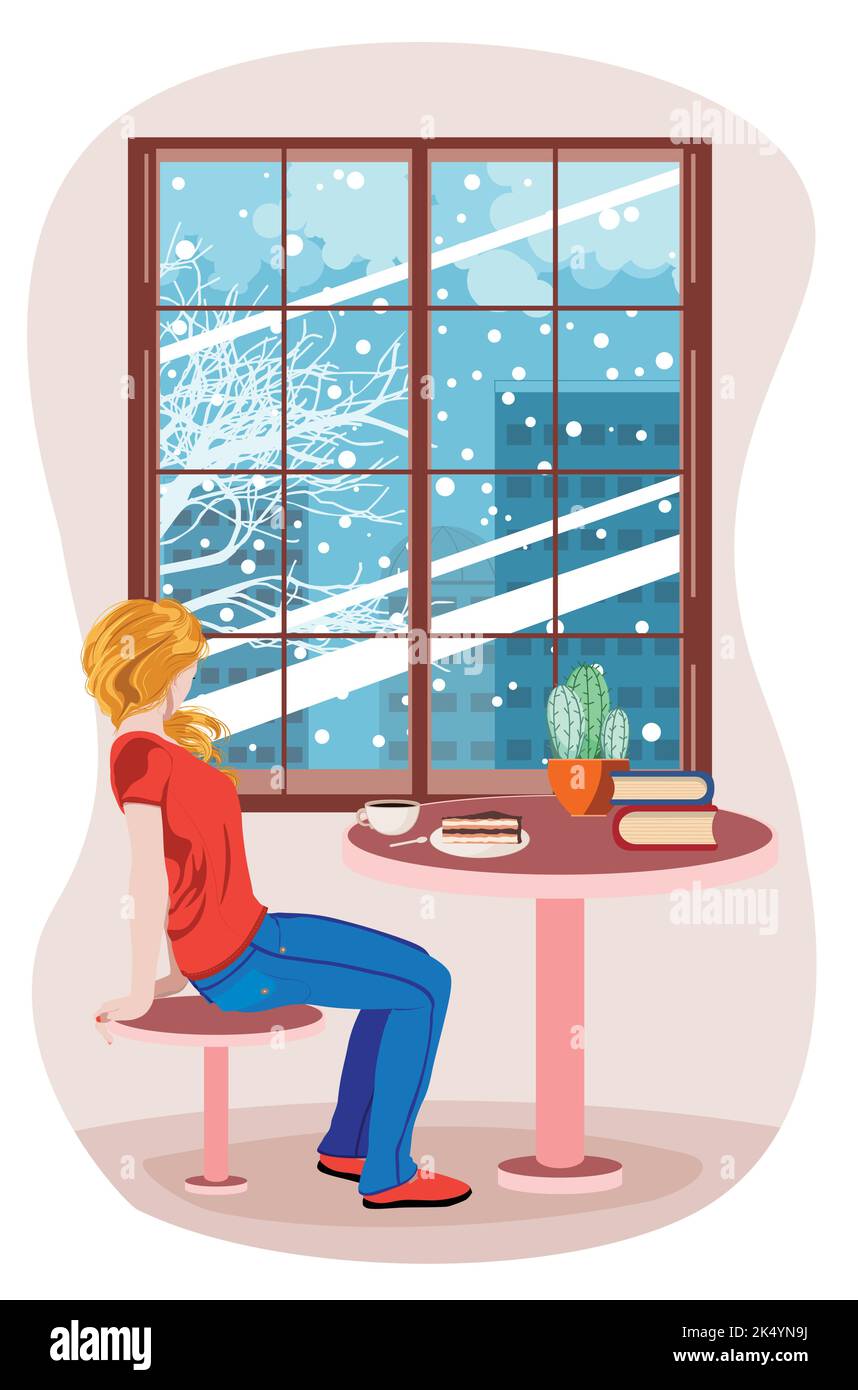 Blonde Mädchen sitzen auf dem Stuhl und Blick auf den blattlosen Baum und Gebäude hinter dem Fenster, verschneite Winter Tag Illustration. Stock Vektor