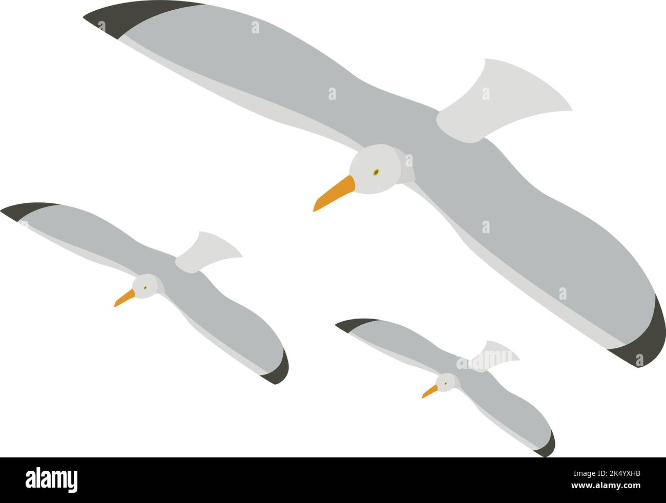 Isometrischer Vektor des Möwensymbols. Drei fliegende wunderschöne graue Möwe-Ikone. Seevögel, Möwe, Seeeule, larus, Möwe Stock Vektor