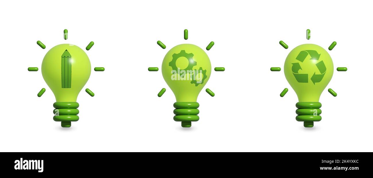 Green Ideas Konzept, Umweltideen illustriert auf grünen Glühbirnen, Design, Produktion und Recycling, um Abfall zu reduzieren und die Nachhaltigkeit zu verbessern Stockfoto