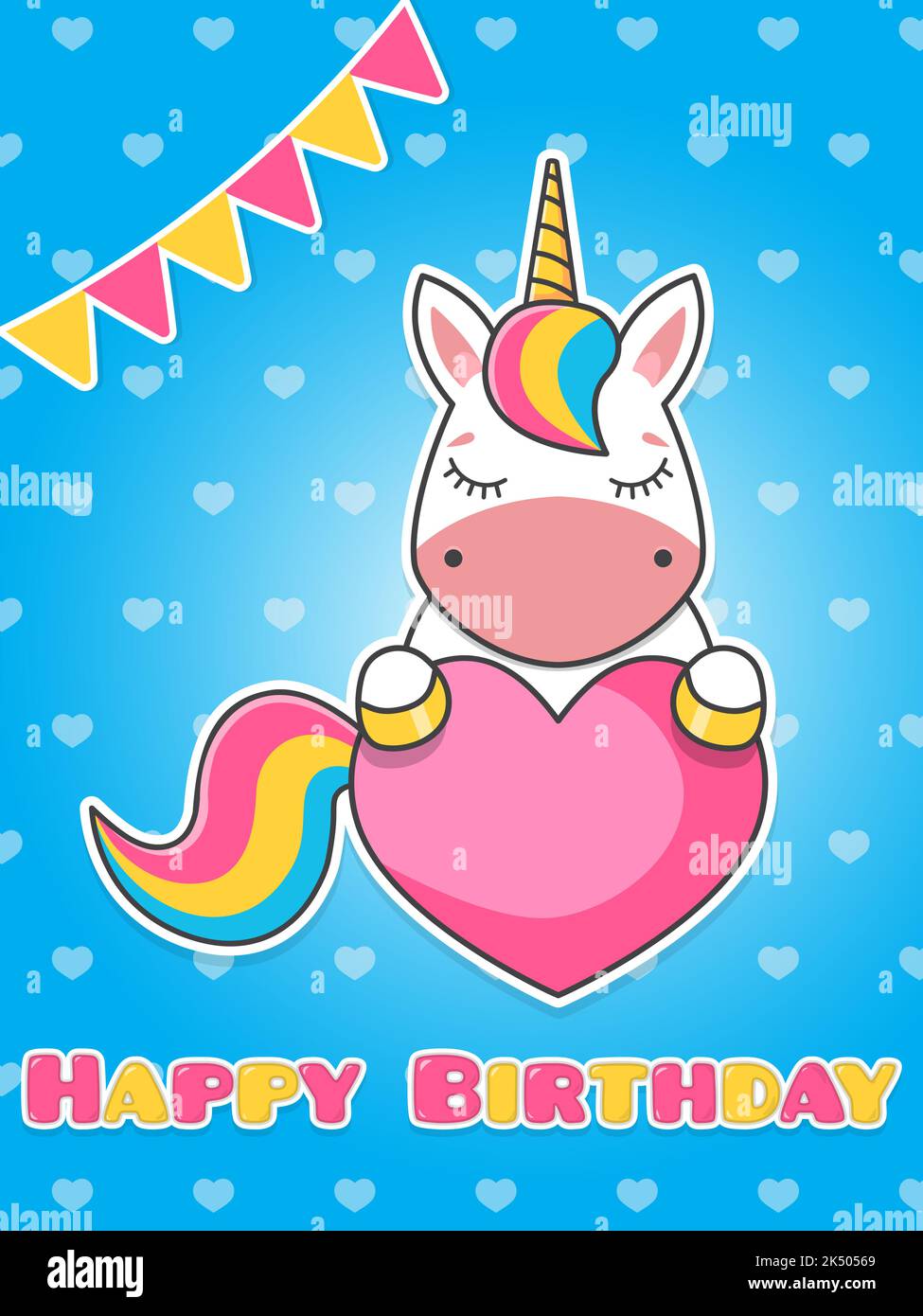 Grußkarte Alles Gute zum Geburtstag. Ein nettes Einhorn hält ein rosa