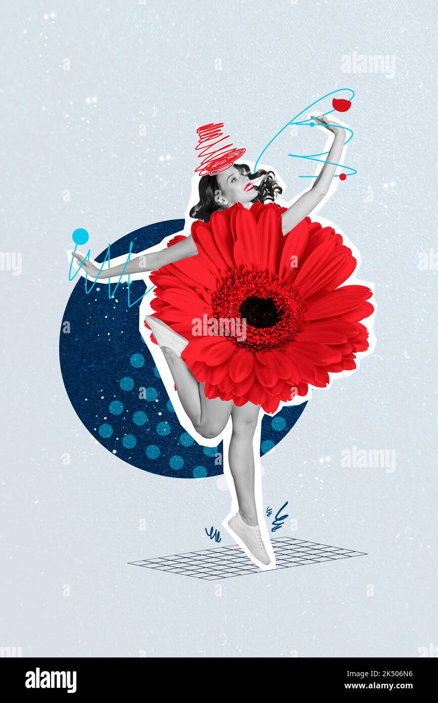 Collage Foto von jungen attraktiven niedlichen Mädchen absurd Körper Gerbera Blume gesunde Tänzerin feiern aktive pms isoliert auf gemaltem Hintergrund Stockfoto