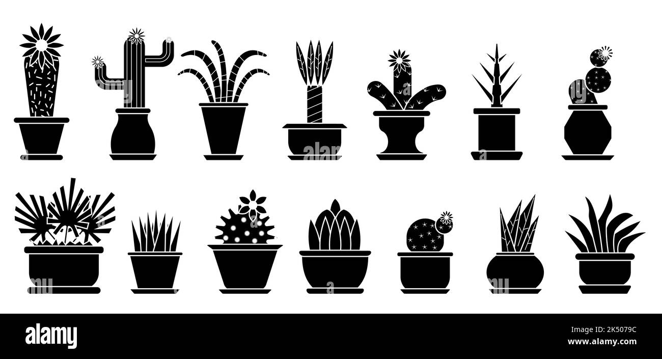 Kaktus und Sukkulente flache Icon Set. Verschiedene Formen von blühenden Kakteen mit Stacheln in Blumentöpfen. Schwarze Glyphe Hauspflanze Kollektion. Cartoon Haus blühende Aloe Vera isoliert auf weiß Stock Vektor