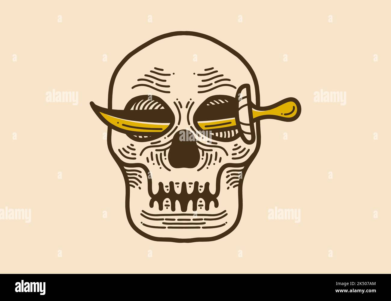 Vintage Stil Illustration Design eines Schädels mit einem Schwert zwischen zwei Augen Stock Vektor