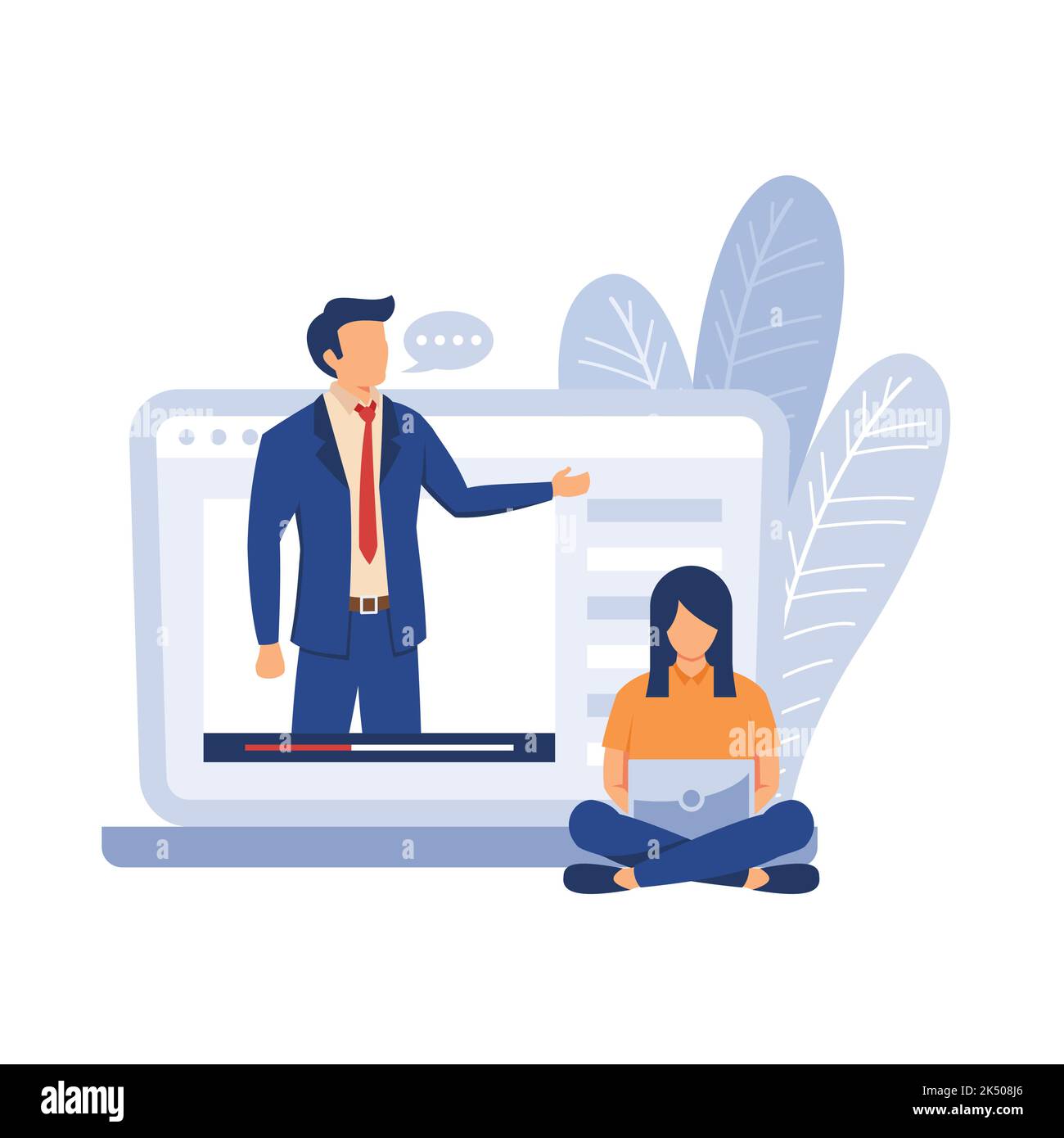 E-Learning-Banner. Online-Bildung, Home Schooling. Moderner Arbeitsplatz, Mann Lehrer auf Laptop-Bildschirm, Frau, die Online-Kurs. Webkurse oder Tuto Stock Vektor