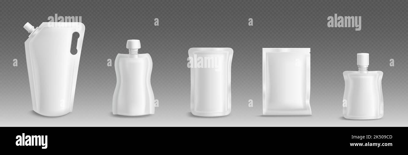 Leere Plastikdoypacks, weiße Beutel mit Deckeln für flüssige Lebensmittel, Kosmetika und Reinigungsmittel. Vektor realistisches Modell von 3D flexiblen doy Pack isoliert auf transparentem Hintergrund Stock Vektor