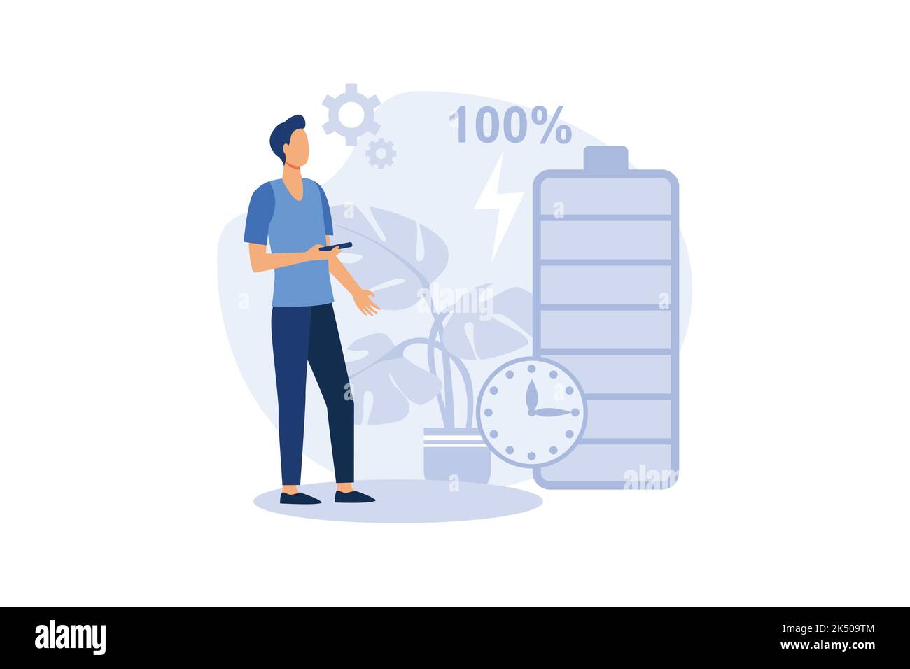 Benutzer und Akku-Leistung und Langlebigkeit mit Ladeanzeige und Zeit. Akkulaufzeit, erweiterte Laufzeittechnologie, Konzept für lange Akkulaufzeiten. Stock Vektor