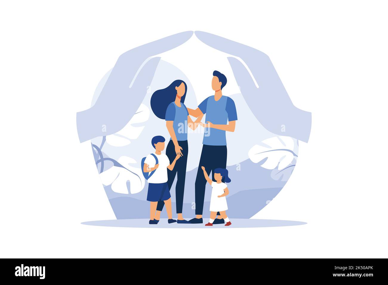 Glückliche wohlhabende Familie in Blumen, Mutter Vater Tochter Sohn Kuscheln zusammen in der Nähe Familie Schutz Vektor Familie Konflikt Wohnung modernes Design illu Stock Vektor