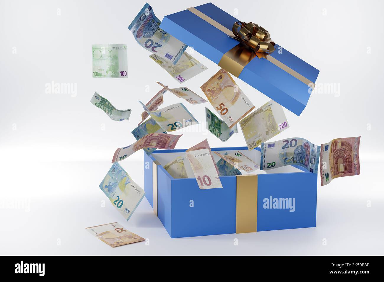 Geschenk des Geldes Konzept Europäische Währung Euro Geld Geschenk Euro in einer Geschenkbox auf weißem Hintergrund geschnitten Stockfoto