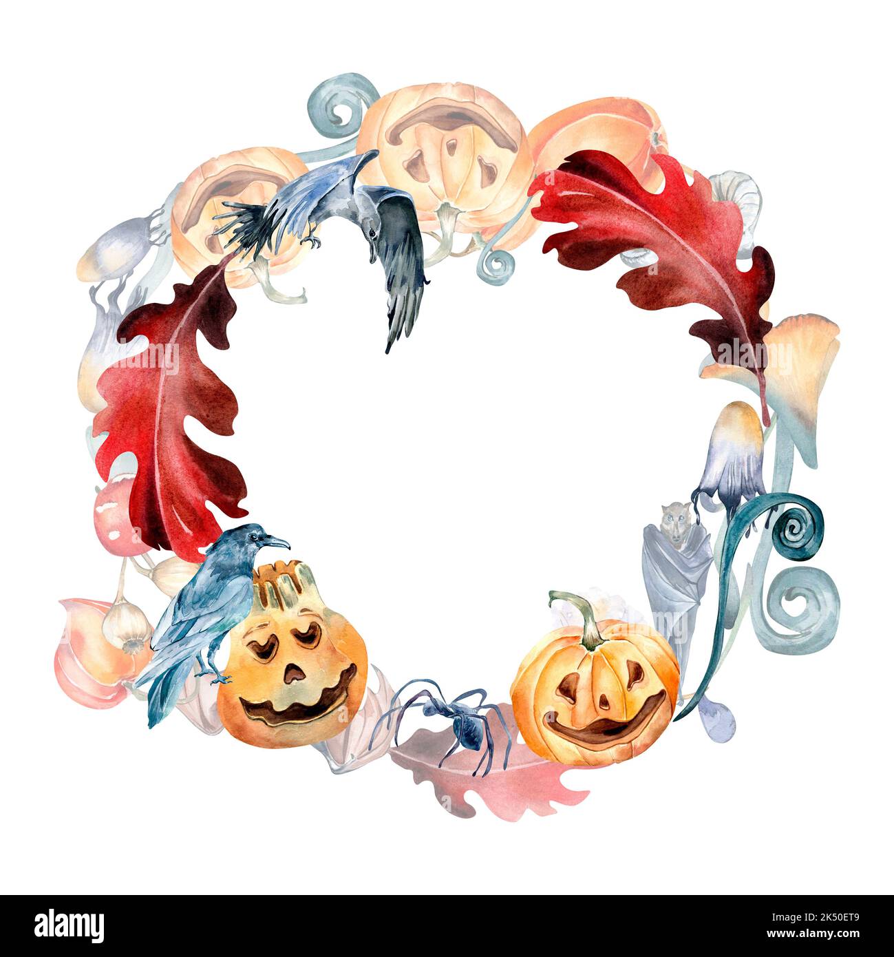 Halloween Kranz mit bunten Kürbissen Aquarell Illustration isoliert auf weiß. Kreis Rahmen von Herbstpflanzen mit Pilz, Krähe, Toadstool Hand dra Stockfoto