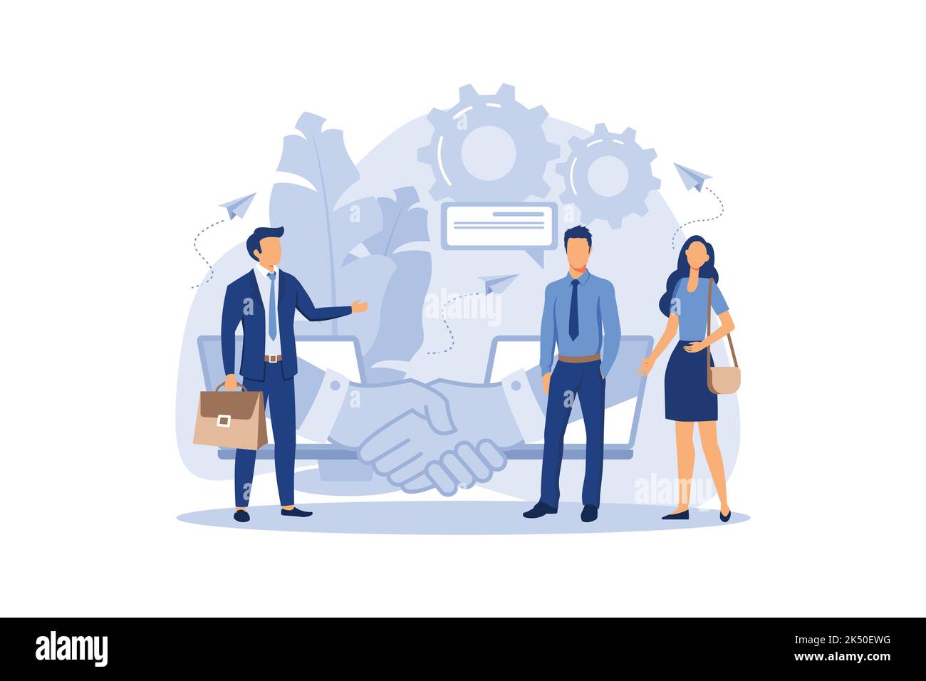 Online Abschluss der Transaktion. Die Eröffnung eines neuen Start-ups. Business-Handshake, per Telefon und Laptop flach modernes Design Illustration Stock Vektor