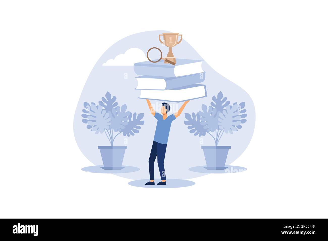 Stapel von Büchern und Siegerpokal auf der Oberseite. Bildung, Online-Kurse und Business, Fernunterricht, Online-Bücher und Studienführer, Prüfungsvorbereitung, hom Stock Vektor