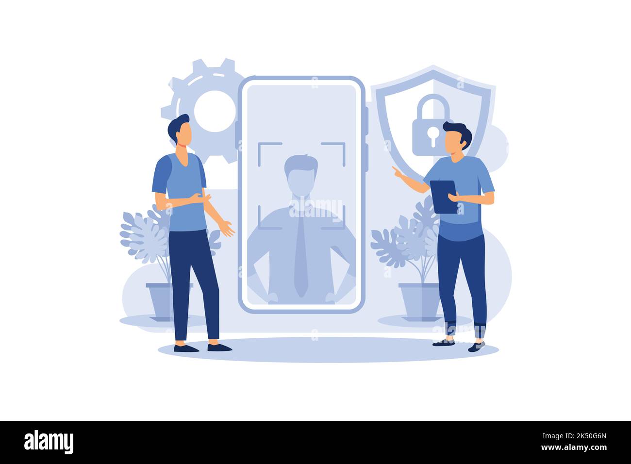 Gesichtserkennungstechnologie Konzept, zeigt eine mobile Apps mit biometrischen Gesichtserkennungstechnologie Funktionen, geeignet für Landing Page, ui, Web, App Stock Vektor