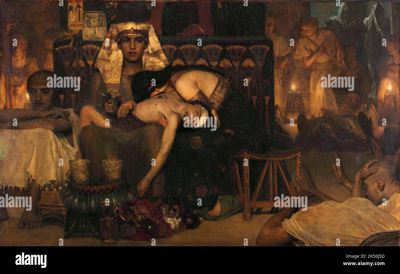 Ägypten / Niederlande: „Tod des erstgeborenen Sohnes des Pharao“. Öl auf Leinwand, Gemälde von Laurens Alma Tadema (8. Januar 1836 - 25. Juni 1912), 1872. Der niederländische Maler Laurens Alma Tadema lebte in London, wo er ein reges Interesse an Ägypten und seiner antiken Geschichte entwickelte. Hier zeigt er eine Szene aus dem Buch Exodus in der hebräischen Bibel oder im Alten Testament, in der Gott den Ägyptern eine Reihe von Plagen schickt, von denen die letzte der Tod jedes erstgeborenen Sohnes im Land der Pharaonen ist. Stockfoto