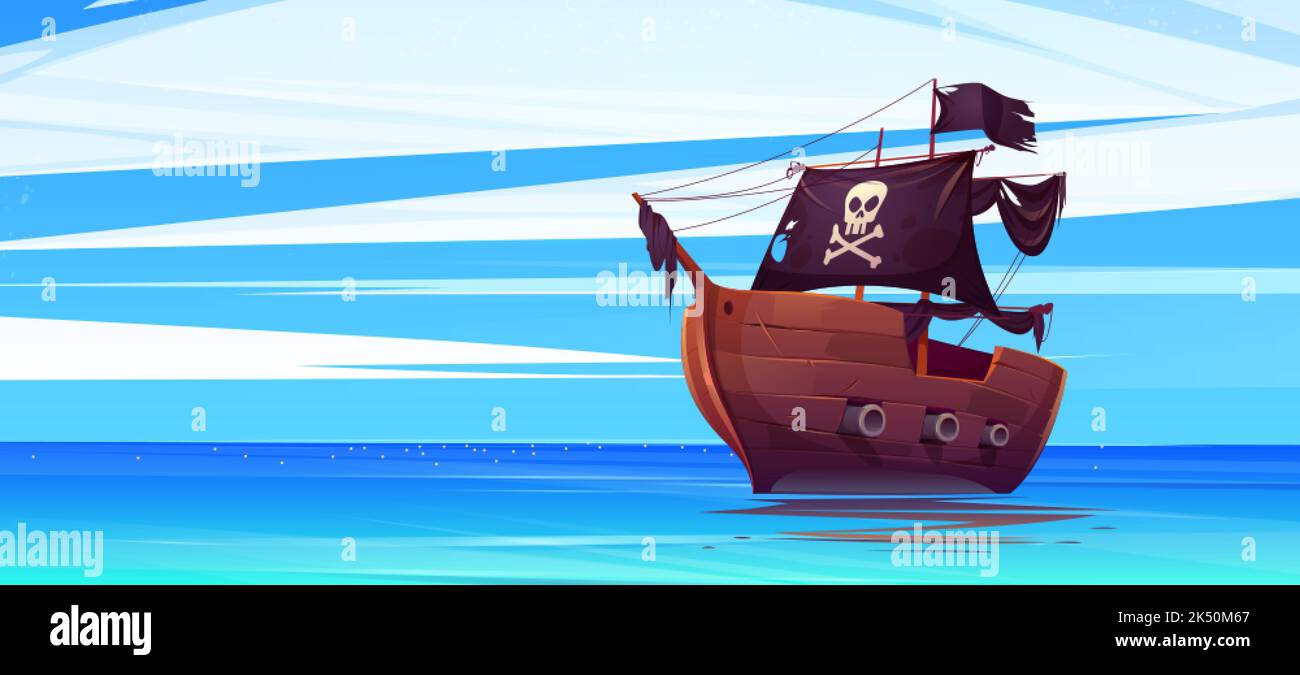 Piratenschiff mit schwarzer Flagge und fröhlichem roger auf den Segeln. Filibuster kämpfen mit Kanonen, die auf der Wasseroberfläche des blauen Ozeans schweben. Legende der Meere Stock Vektor