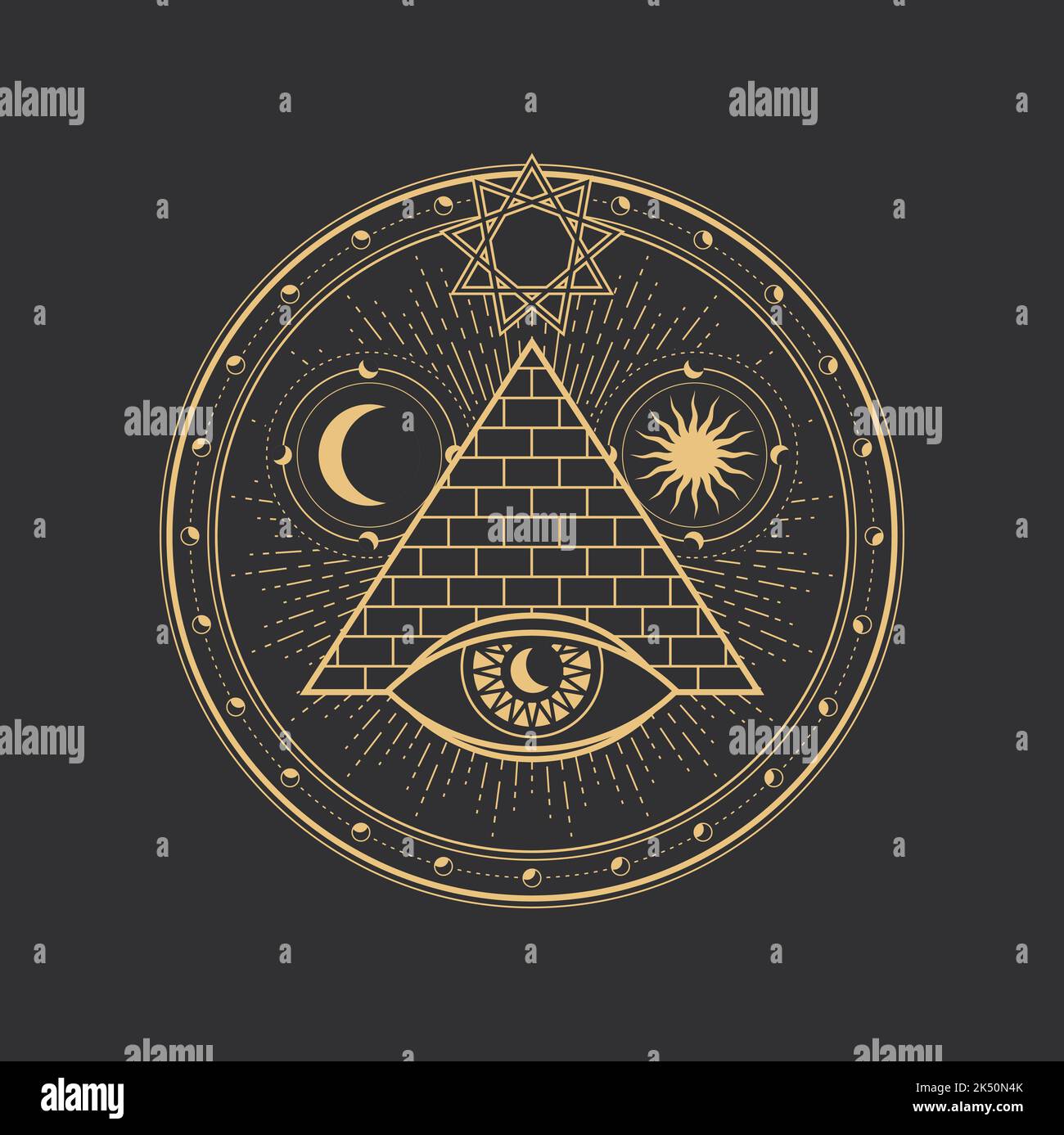 Pentagramm Symbol, Kreis und Magie Ägypten Pyramide Dreieck mit Auge, Vektor esoterischen okkulten Tarot Zeichen. Pentagramm Symbol der Alchemie, Illuminati-Stern und Freimaurer heilige Pyramide mit Mond, Sonne und Auge Stock Vektor