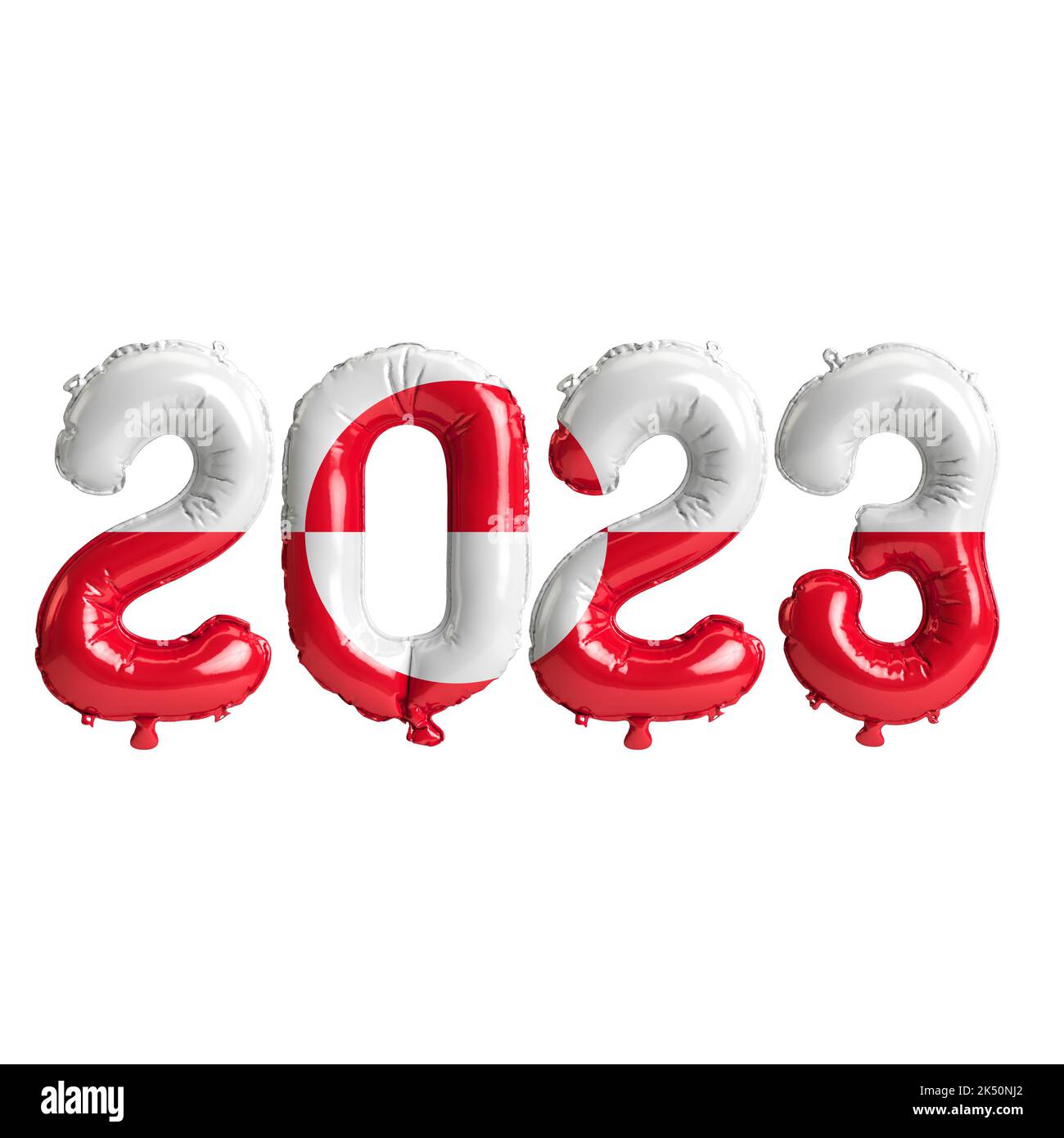 3D Illustration von 2023-jährigen Luftballons mit isolierter grönländischer Flagge auf weißem Hintergrund Stockfoto