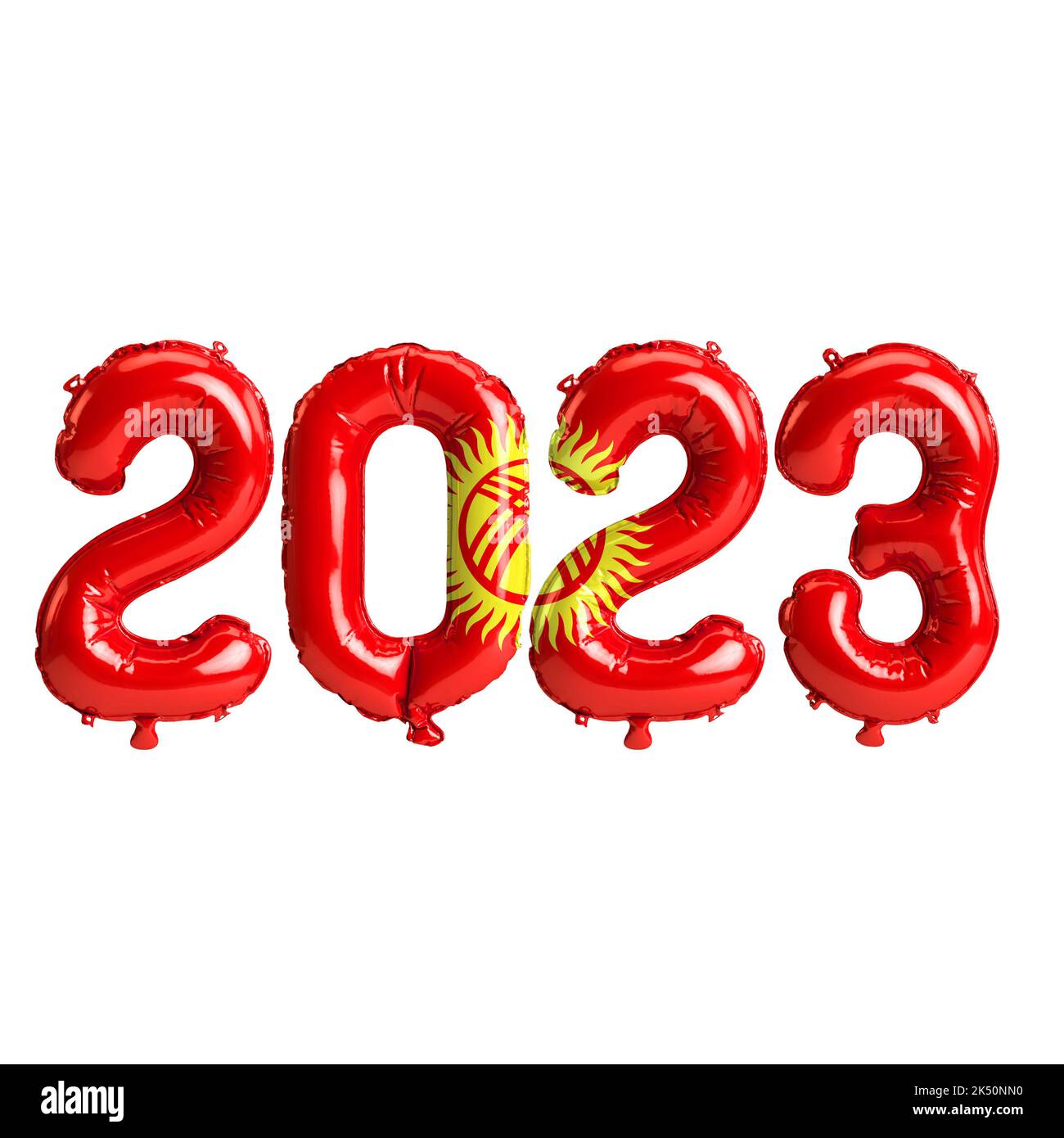 3D Illustration von 2023-jährigen Ballons mit Kirgisistan-Flagge isoliert auf weißem Hintergrund Stockfoto