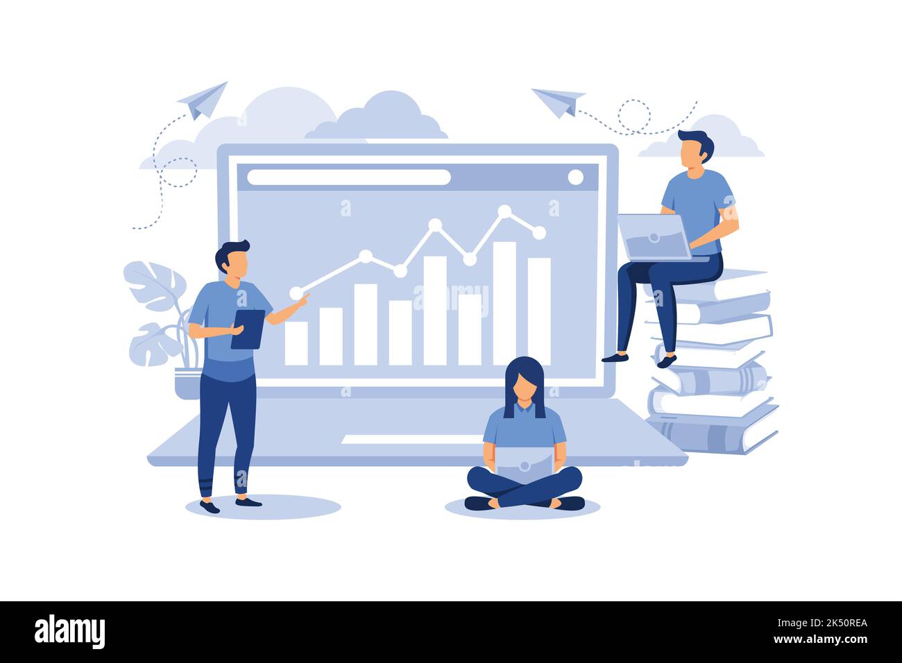 Erfolgskonzept, Erreichen eines Ziels, Vektordarstellung des Geschäfts, Mitarbeiter studieren Infografiken, analysieren evolutionären Maßstab, Online-Training flat-Modus Stock Vektor