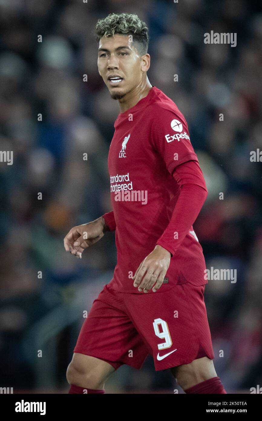 Roberto Firmino #9 von Liverpool während des UEFA Champions League-Spiels Liverpool gegen Rangers in Anfield, Liverpool, Vereinigtes Königreich, 4.. Oktober 2022 (Foto von James Heaton/News Images) in Liverpool, Vereinigtes Königreich am 10/4/2022. (Foto von James Heaton/News Images/Sipa USA) Stockfoto