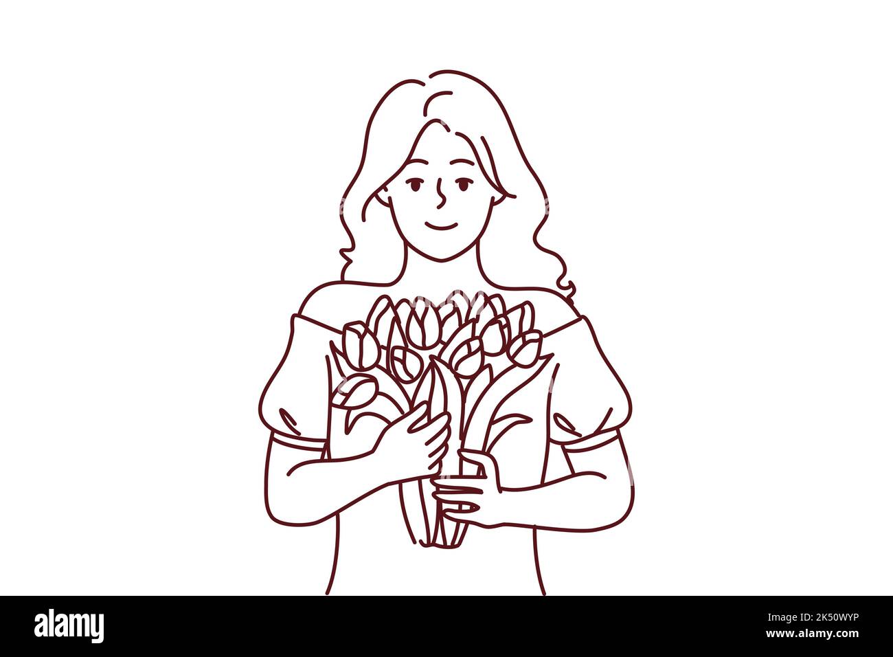 Porträt einer lächelnden Frau, die Blumen in den Händen hält. Glückliches Mädchen mit Blumenstrauß Gefühl glücklich Geburtstag Jubiläum zu feiern. Vektorgrafik. Stock Vektor