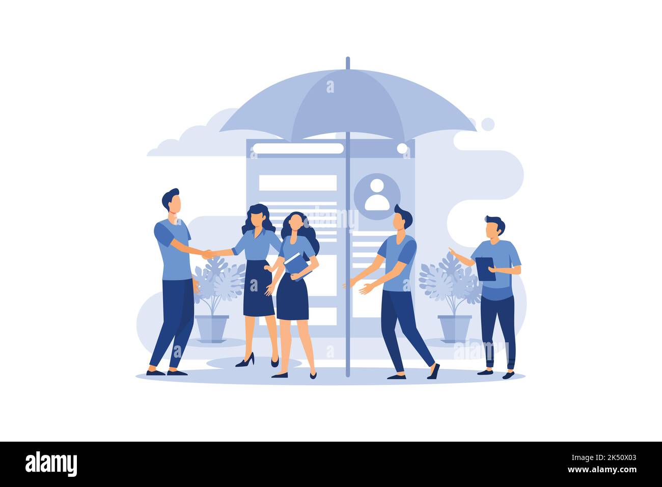 Menschliche Lebensversicherung. Metapher Regenschirm als Schutz von Menschen vor Unfällen mit Leben und persönlichem Eigentum. Unfallversicherung Zeitplan Design fla Stock Vektor