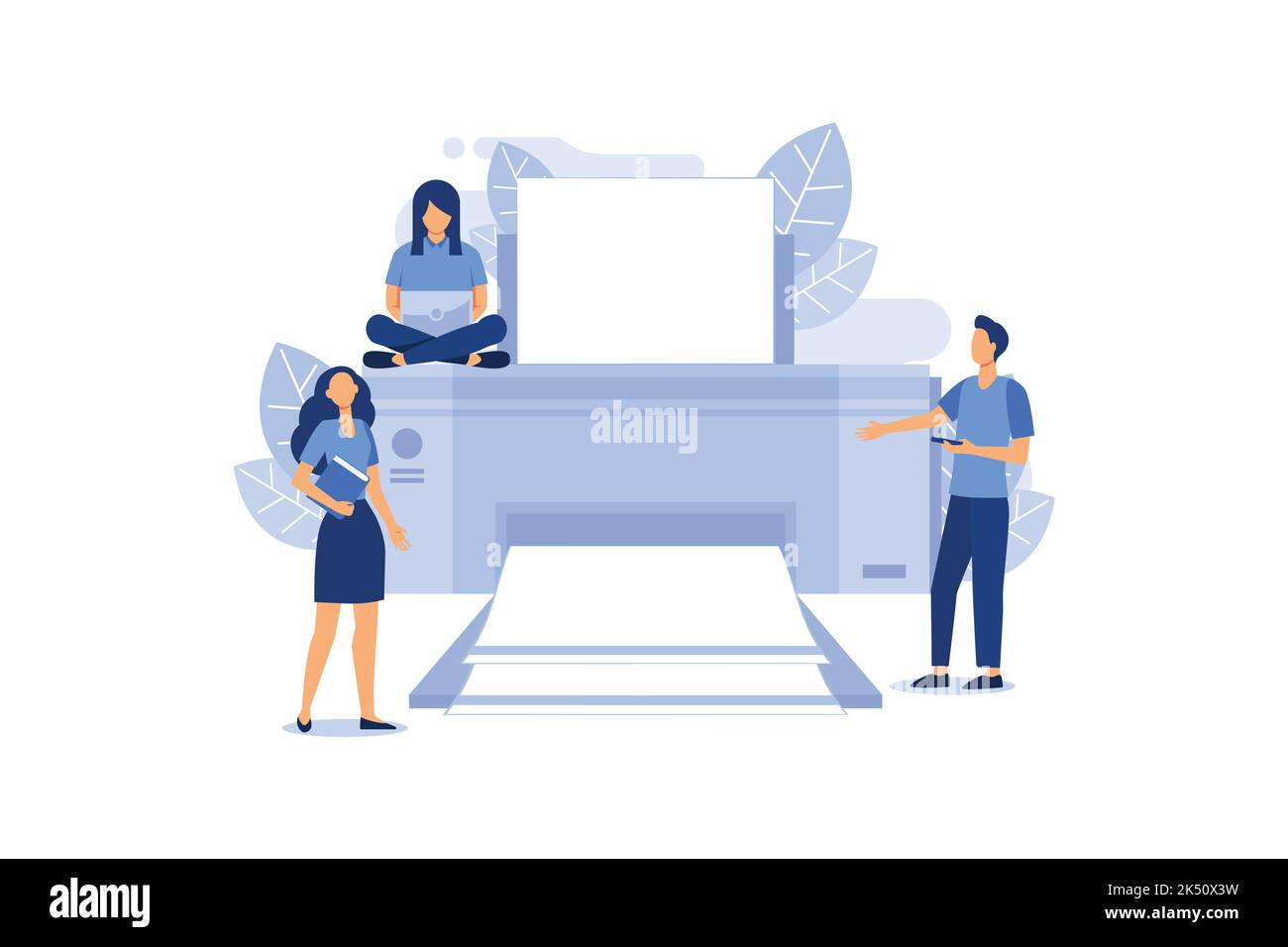 Ein flaches Design auf weißem Hintergrund, Multifunktions-Drucker-Scanner, drucken, Menschen drucken Dokumente flache Vektor-Illustration Stock Vektor