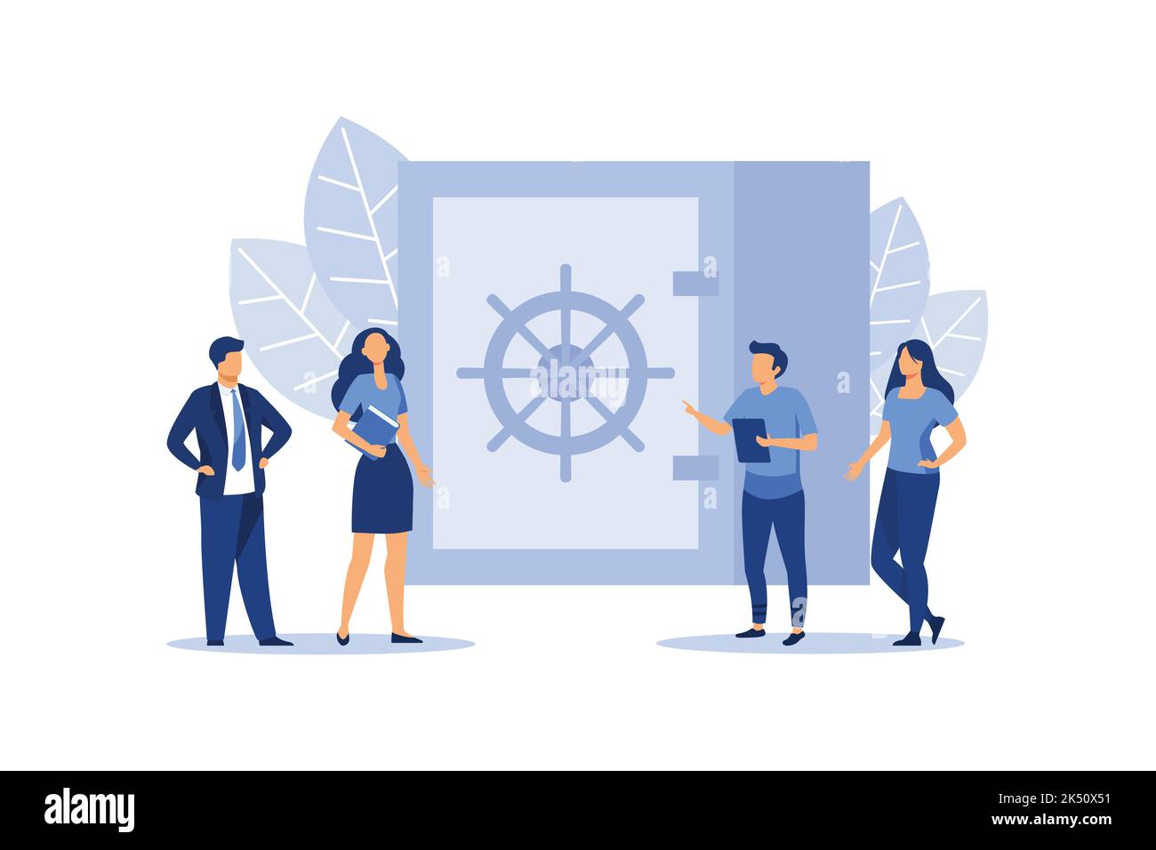 Geschlossener Banksafe, Dollar in einem Schließfach und einem Geldbeutel, sichere Ersparnisse, eine Geldeinlage, Bankangestellte, Geld auf ein Konto flach Vektor il zu investieren Stock Vektor