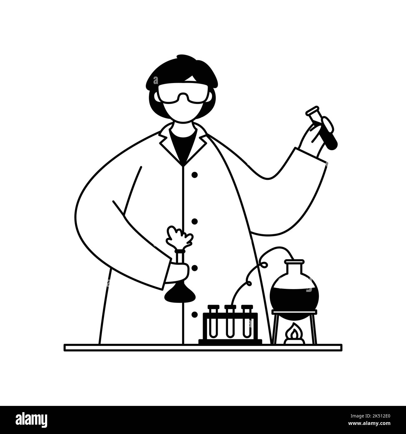 Vektordarstellung eines Chemikers in einer weißen Schicht mit Reagenzgläsern und Kolben. Beruf. Gliederung Stock Vektor
