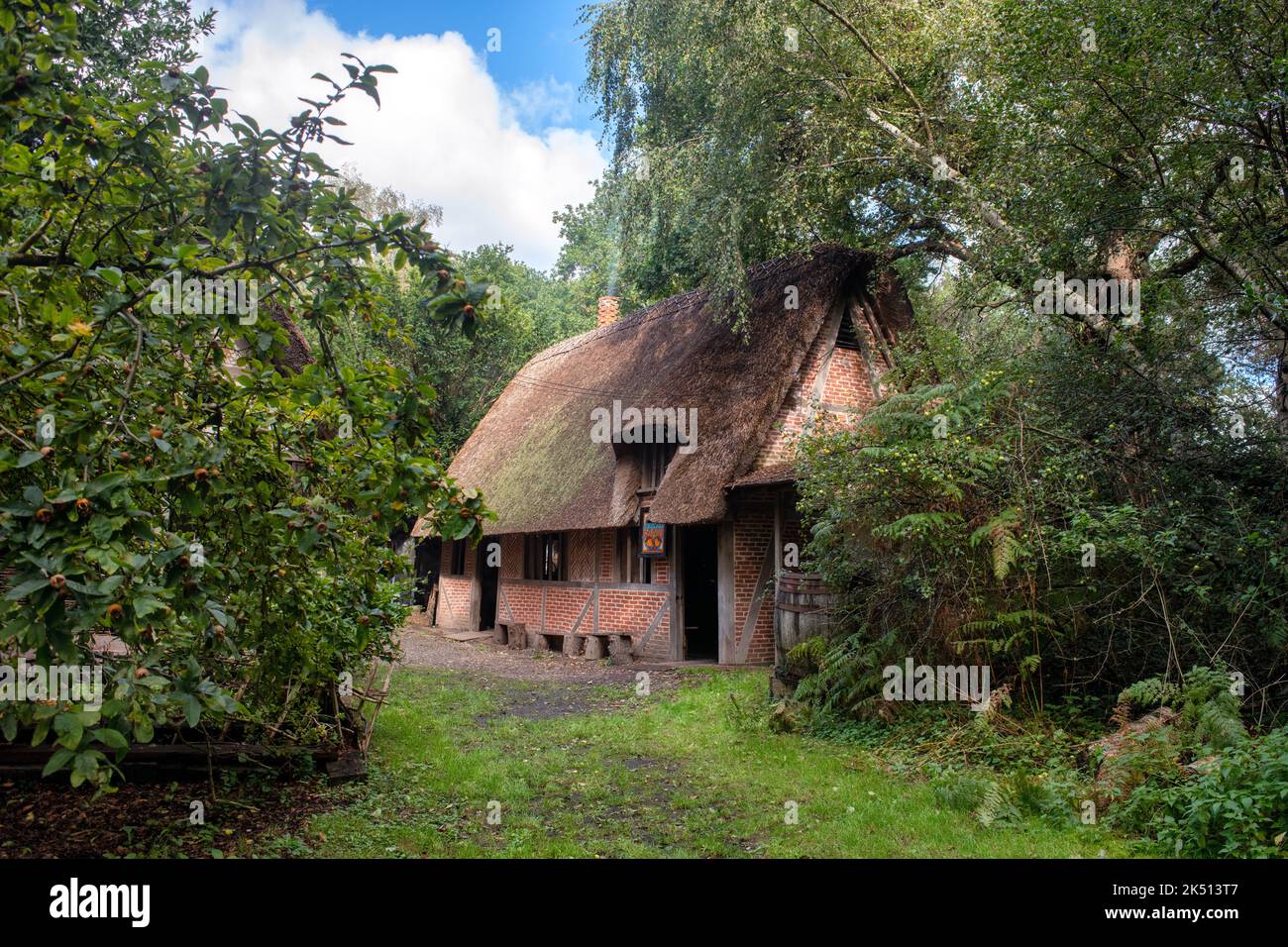 Reetdach auf einem Gebäude in einer wohltätigen Nachbildung eines Dorfes aus dem Jahr 1642, Little Woodham, in Hampshire, England Stockfoto