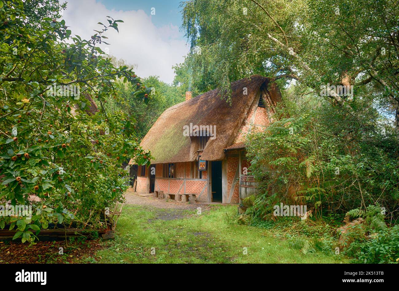 Reetdach auf einem Gebäude in einer wohltätigen Nachbildung eines Dorfes aus dem Jahr 1642, Little Woodham, in Hampshire, England Stockfoto