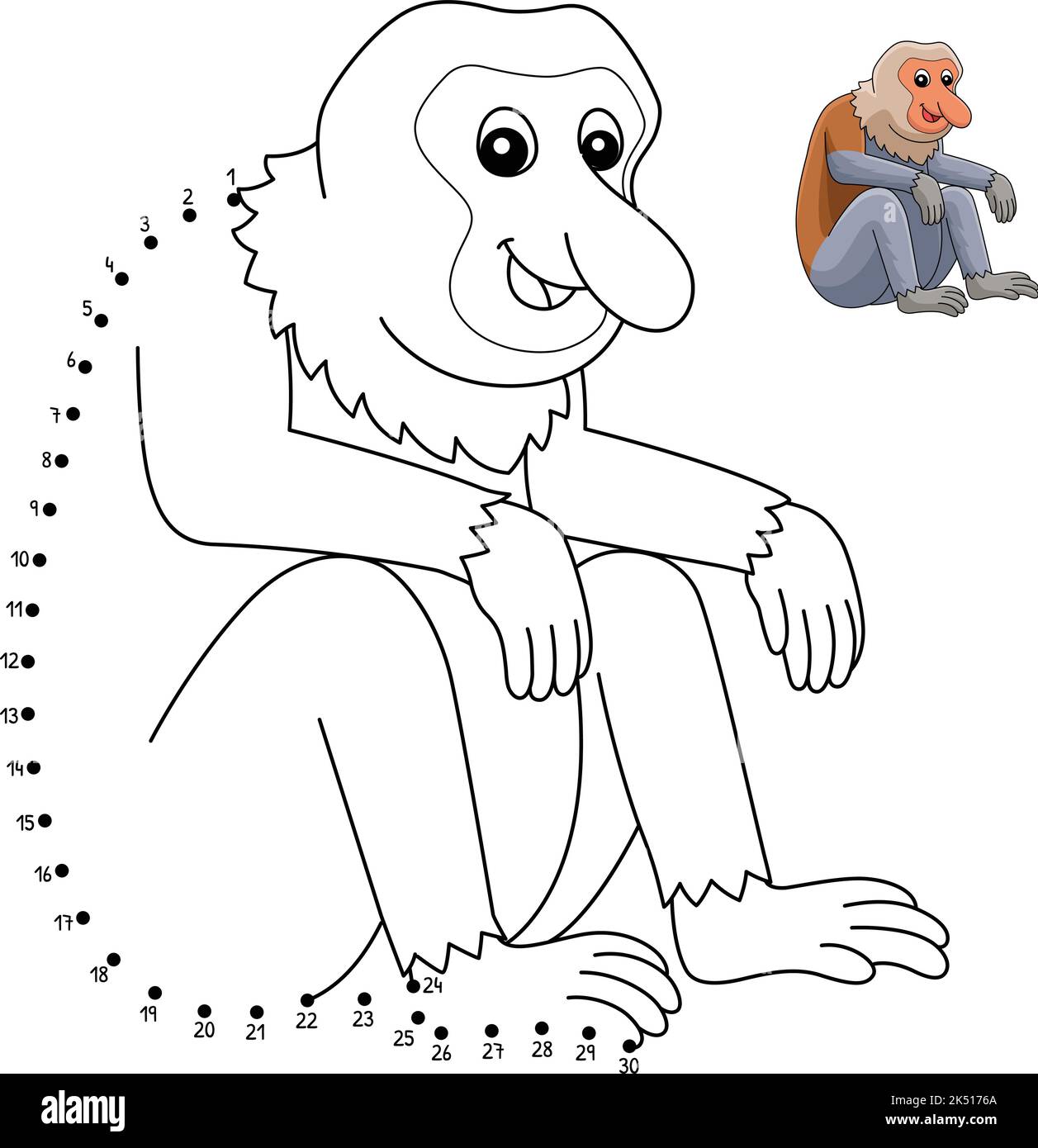 Dot to Dot Proboscis Monkey Isolated Coloring Page Stock Vektor