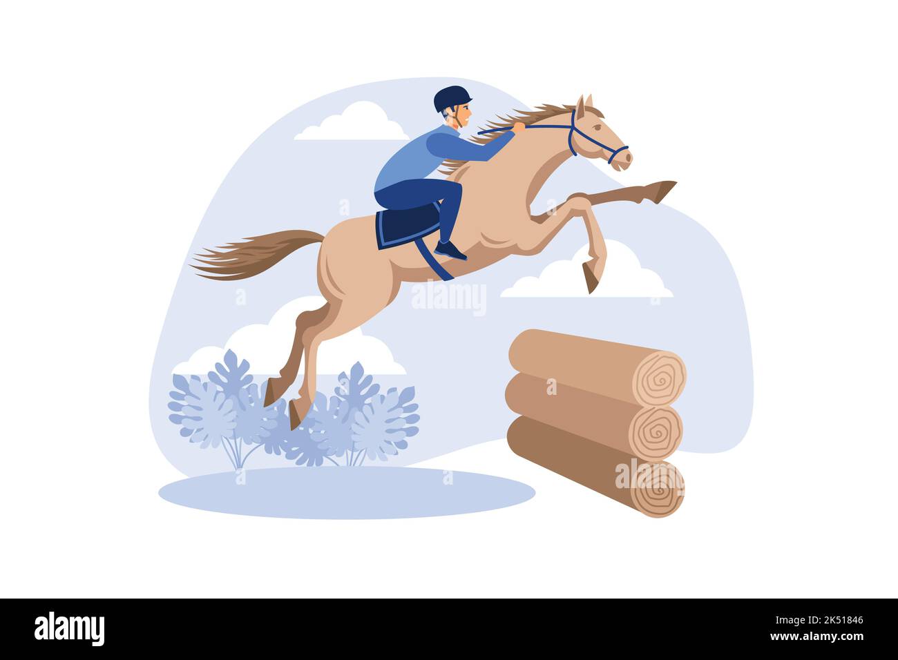Reiten-Eventing. Abbildung eines Pferdes mit einem Reiter, der aus den Holzhütten über die Barriere springt. Ein Reiter auf einem Pferd springt über ein Oben Stock Vektor