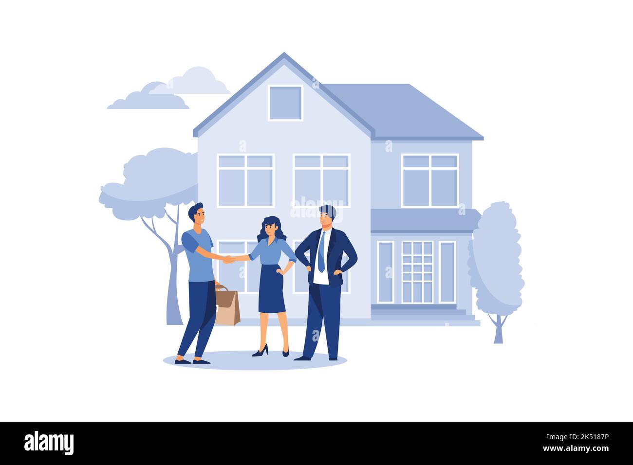 Immobilienmakler schüttelt die Hände mit Menschen kaufen oder mieten Haus. anzeige von Immobilien verkaufen. Flache Vektor-Illustration Stock Vektor