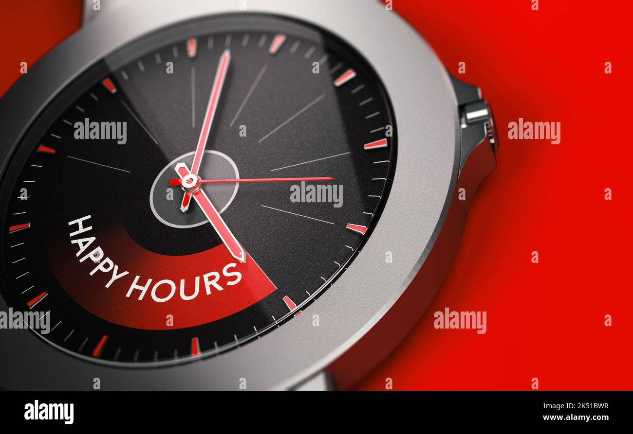Konzeptionelle Uhr mit dem Text Happy Hours auf rotem Hintergrund mit Kopierfläche. 3D Abbildung. Stockfoto