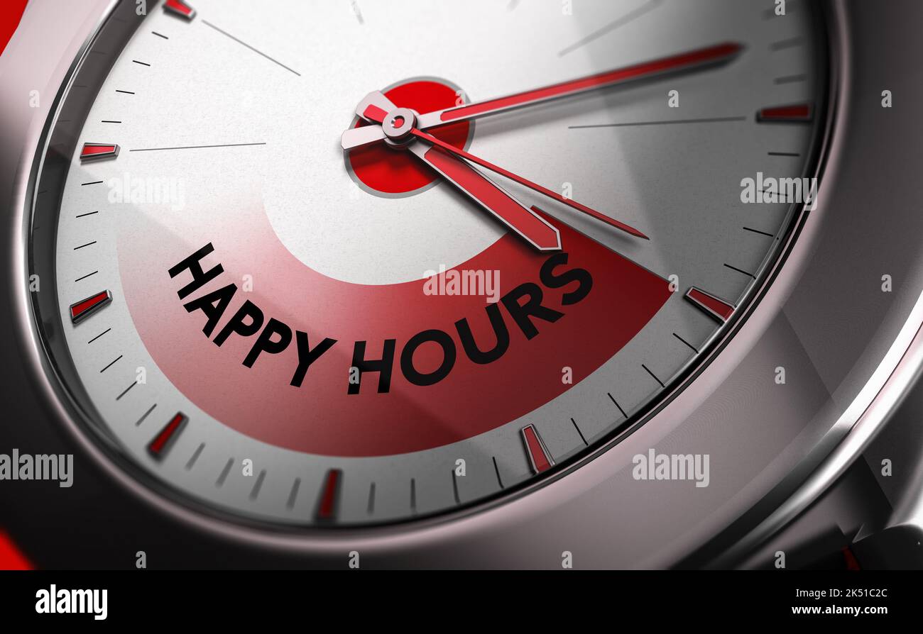 Konzeptionelle Uhr mit dem Text Happy Hours. 3D Abbildung. Stockfoto