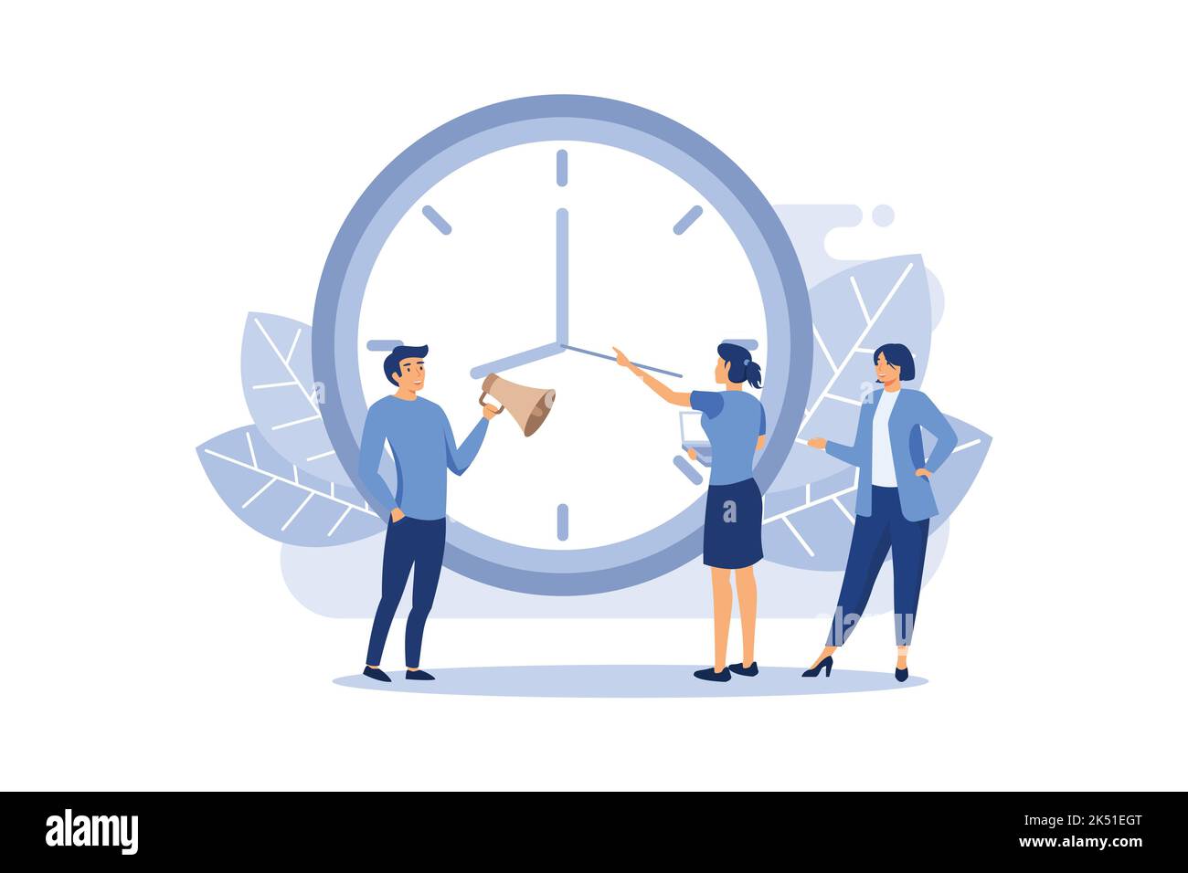 Deadline Working People mit Big-Clock-Konzept. Geschäftsfrau versuchen, Uhrpfeile zu stoppen, Mann mit Megaphon-Stand. Termin Laufzeit Verzögerung Problem flach ve Stock Vektor