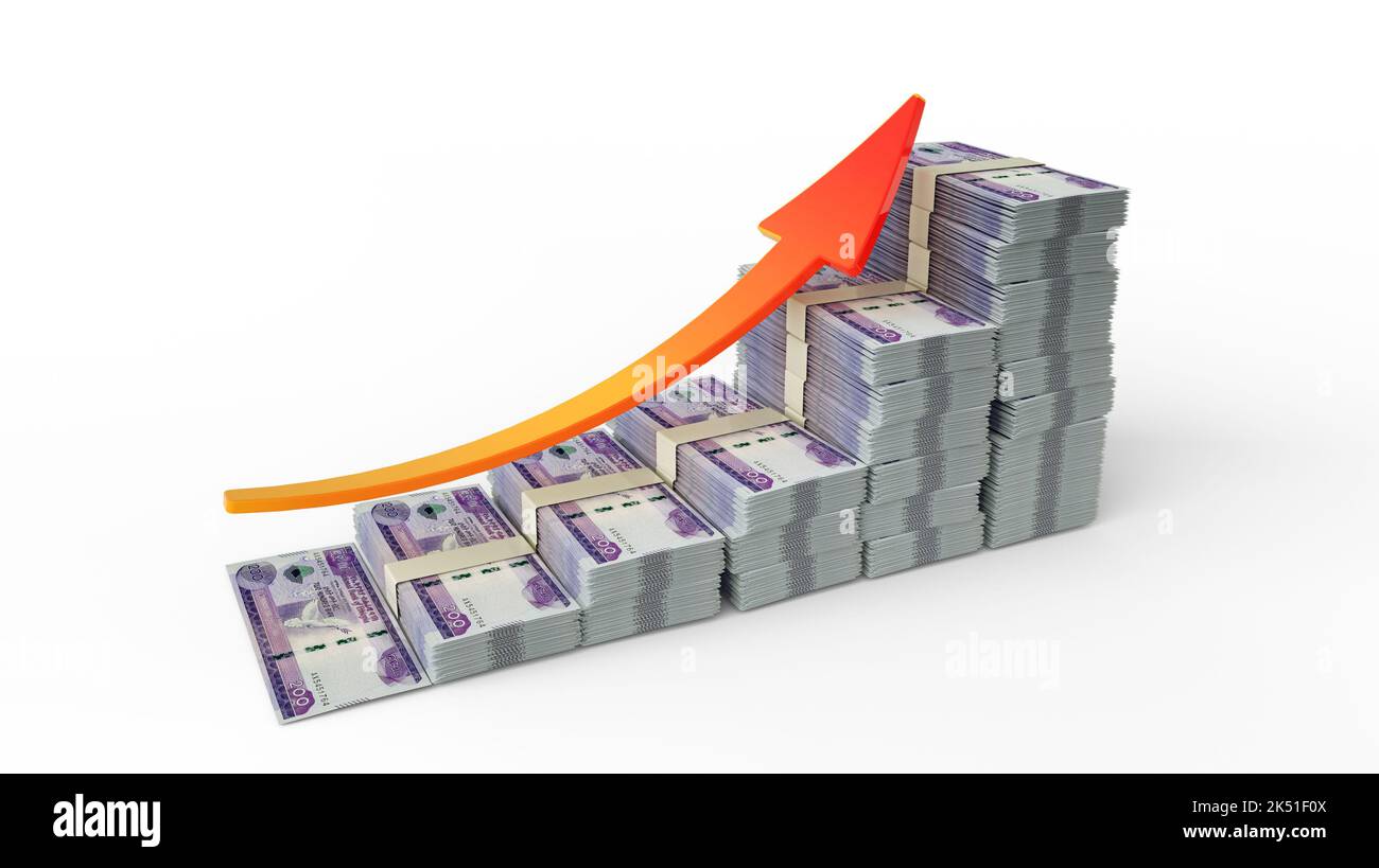 Zeichen des finanziellen Wachstums aus Stapeln äthiopischer Birr-Noten. 3D-Darstellung des Geldes der Salomonen in Form eines Balkendiagramms Stockfoto