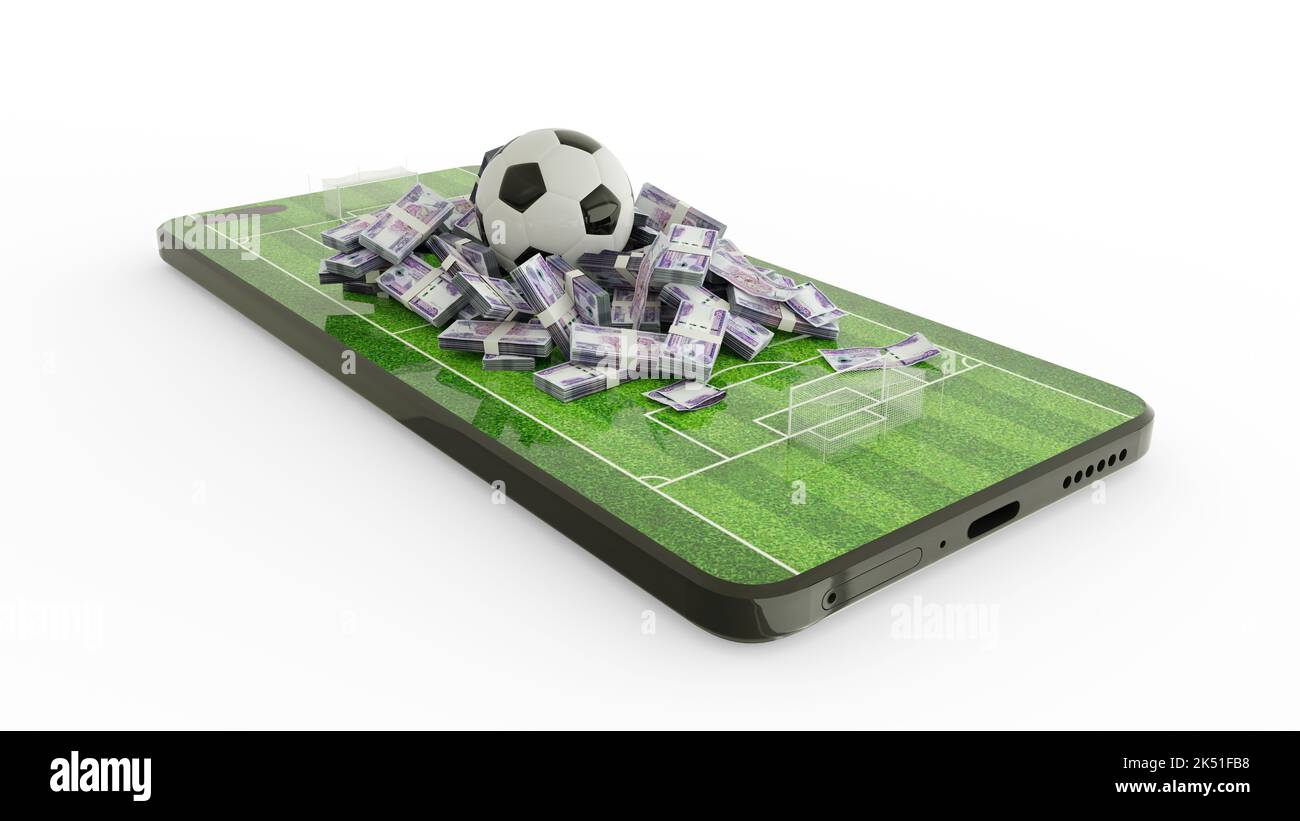 3D-Darstellung von Fußball-Wetten auf Mobiltelefonen. Fußball- und äthiopische Birr-Notizen auf dem Telefonbildschirm. Fußballfeld auf dem Smartphone-Bildschirm Stockfoto