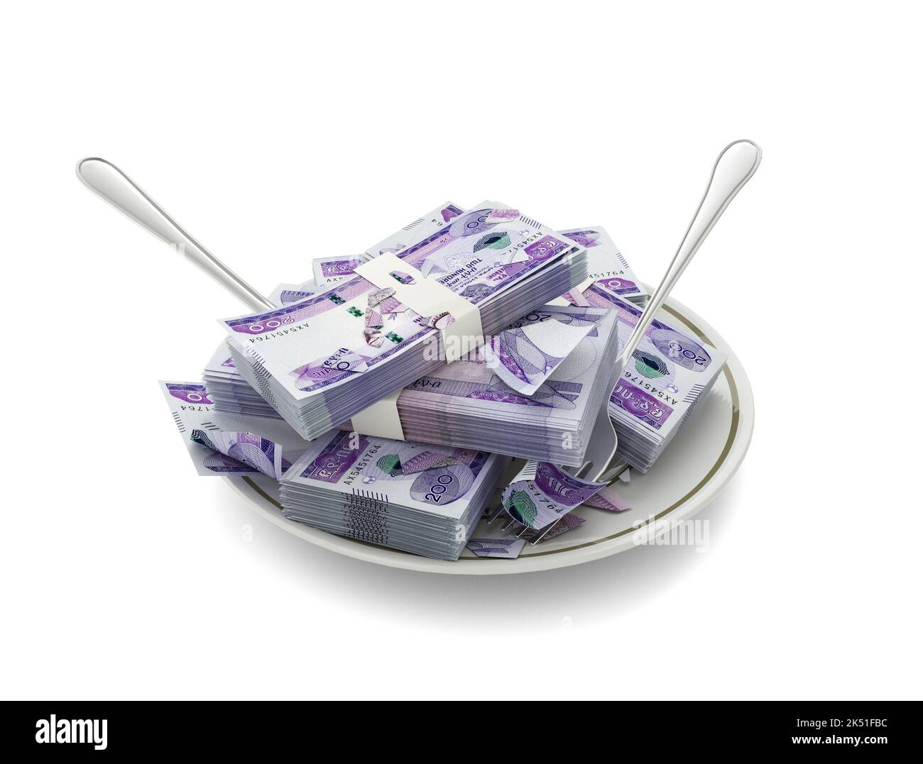 3D-Rendering äthiopischer Birrnoten auf Platte. Geld wurde für das Konzept des Essens ausgegeben. Essenskosten, teure Mahlzeiten, Ausgabengeld-Konzept. Geld essen Stockfoto