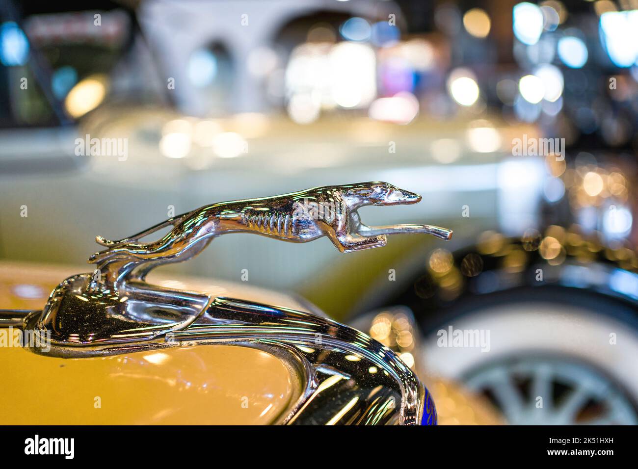 Ford Windhund Haube Ornament auf dem gelben Retro-Auto. Stockfoto