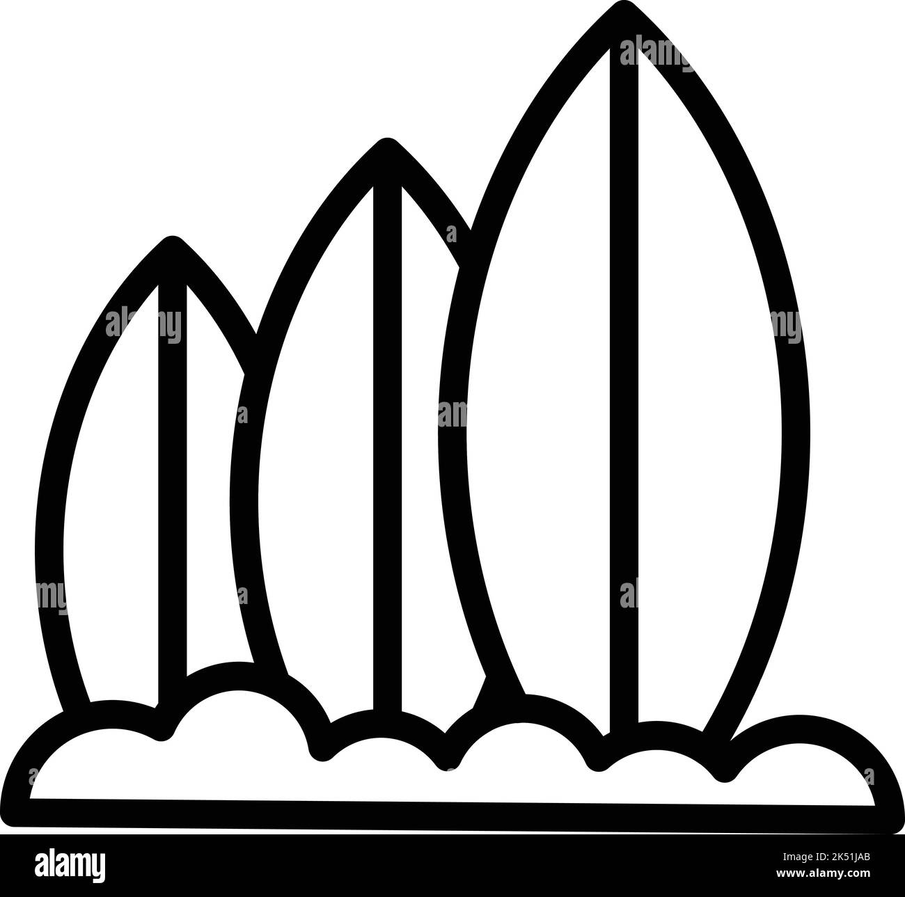 Grafik zum Umriss des Symbols für das Surfbrett am Strand. Indonesische Landschaft. Tourismus in Asien Stock Vektor