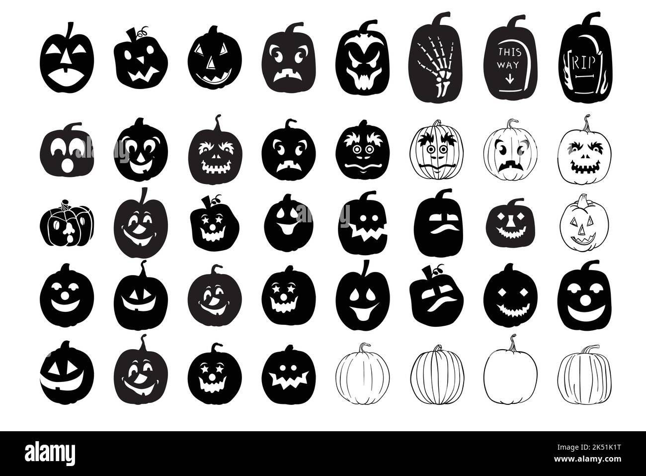 Halloween Kürbisse Silhouette Set mit verschiedenen Ausdrücken. Der Kürbisschatten hat an Halloween ein Geistergesicht geschnitzt. Vektorgrafik Stock Vektor