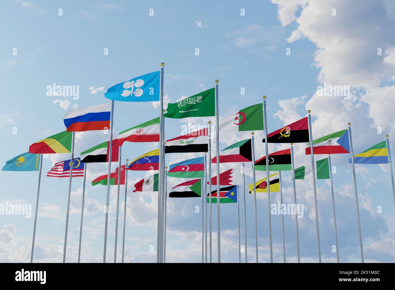 Flaggen der OPEC Plus Länder, 23 Länder, Königreich Saudi Arabien, Algerien, Angola Äquatorialguinea, Gabun, Iran, Irak, Kuwait, Libyen, Nigeria, Repub Stockfoto