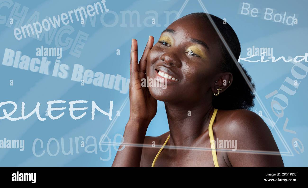 Ermächtigung, Mädchenmacht und Schönheit in glücklicher schwarzer Frau. Mock up für Make-up, Kosmetik und Beauty-Produkte auf starke, unabhängige und moderne Mädchen Stockfoto