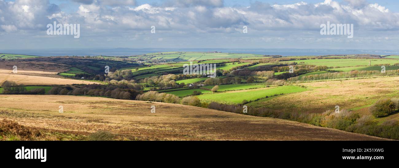 Die Nordseite der Chains im Exmoor National Park mit Blick auf Lynton, Devon, England. Stockfoto