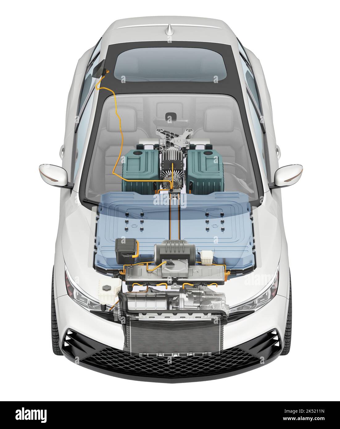 Elektrische generische Auto technische Cutaway 3D Rendering mit allen wichtigsten Details der EV-System in Ghost-Effekt. Vorderansicht aus der Vogelperspektive auf weißem Hintergrund: Stockfoto