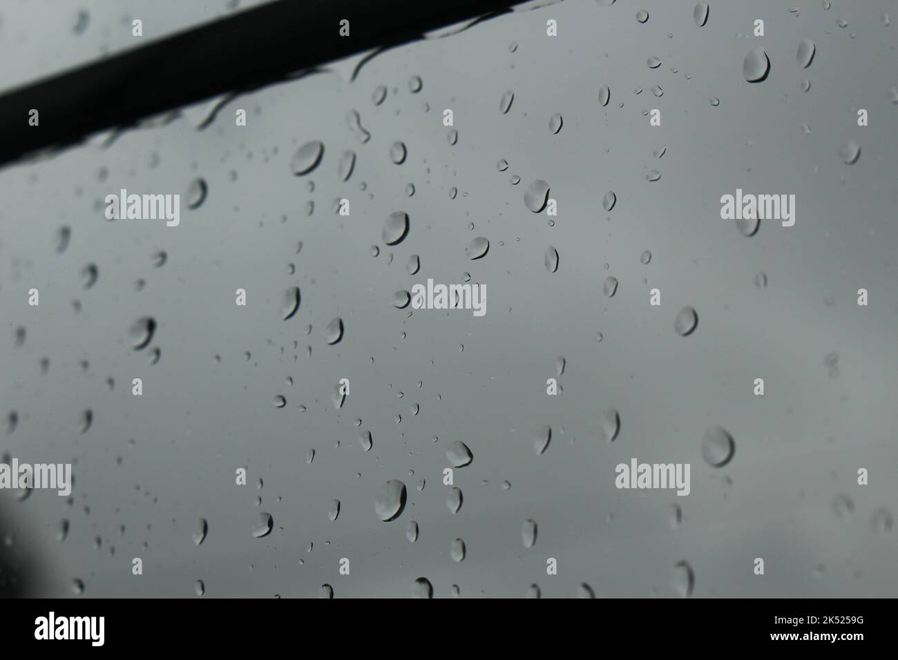 An einem bewölkten, nebligen Tag fällt Regen auf das klare Glasfenster. Konzept für Low Mood, Depression, aus der Art, grau, traurig, Regnerische Tage, in Innenräumen stecken geblieben Stockfoto