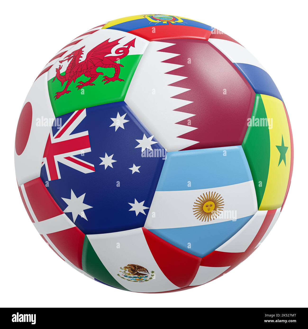 Fußball mit internationalen Flaggen-Muster und Lederstruktur. Isoliert . Eingebettete Beschneidungspfade . 3D Rendering . Stockfoto